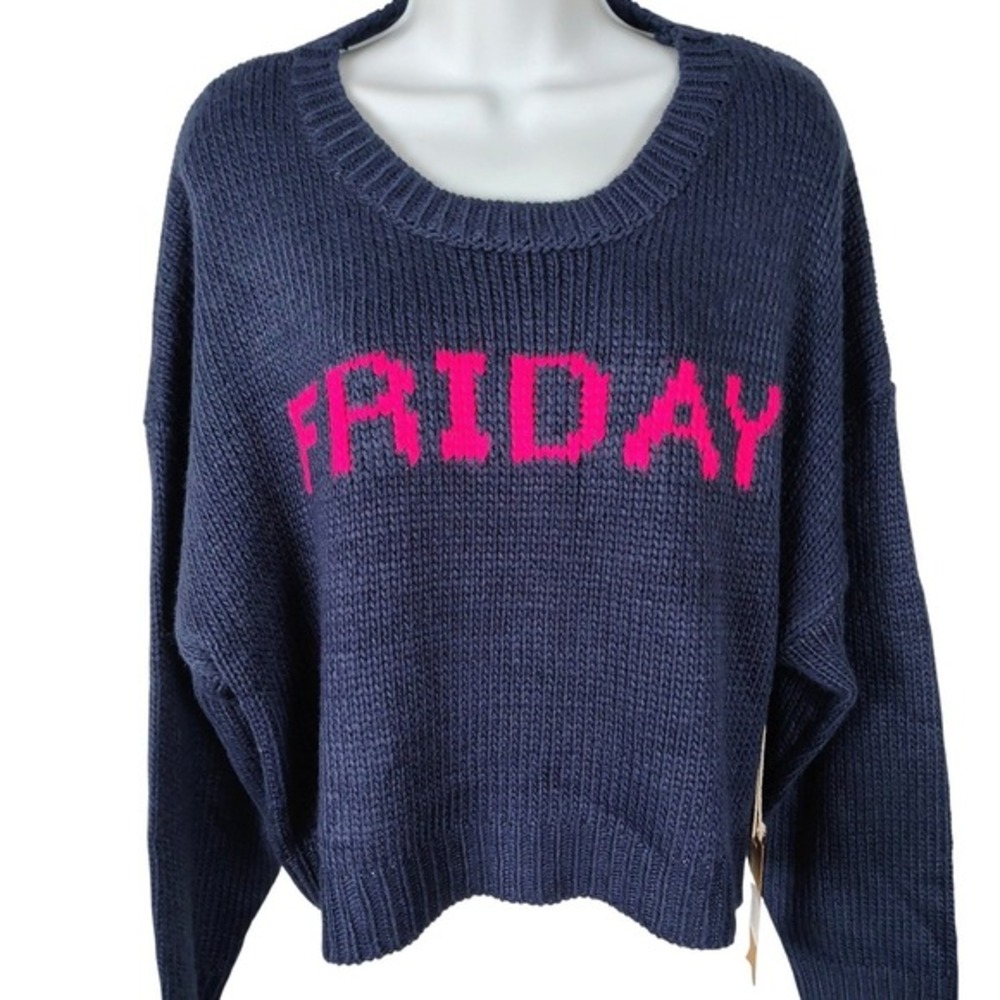 Friday Graphic Knit Sweater Navy Blue Pink XL cottagecore‎ Y2K cropped preppy